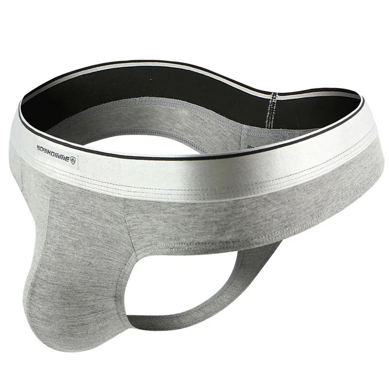Men's modal bikini thong brief, gray with white waistband and black trim