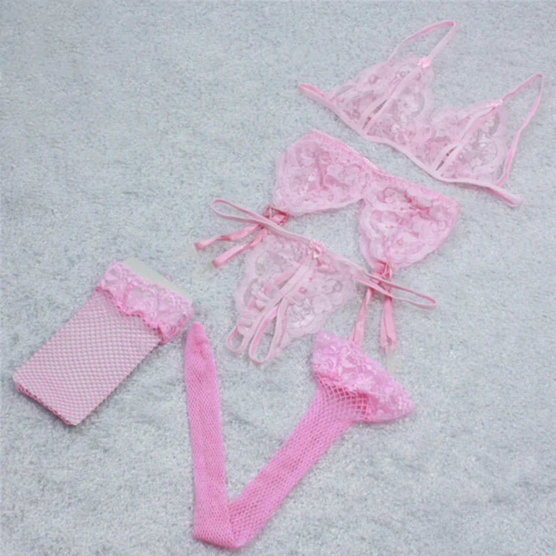 Pink lace 4-piece bra, panty, garter belt & fishnet stockings set