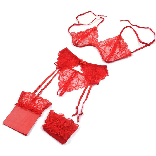 Red lace 4-piece bra, panty, garter & fishnet stockings set