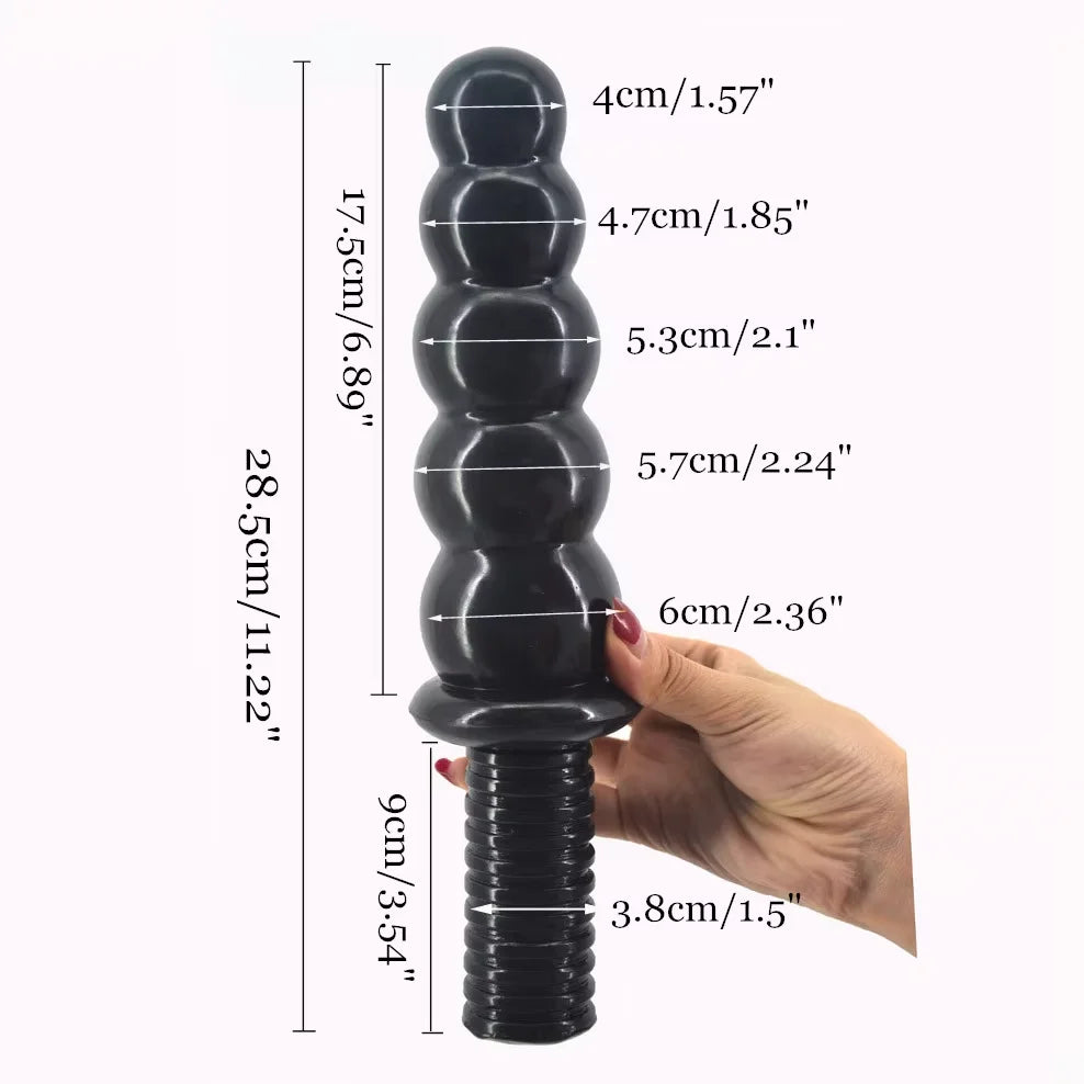 Black double-layer silicone dildo with suction base, rounded bulges, ribbed grip