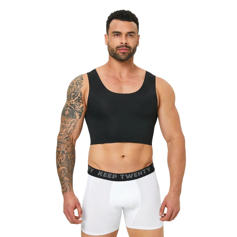 Black seamless slim shaping vest on a man, sleeveless scoop neckline