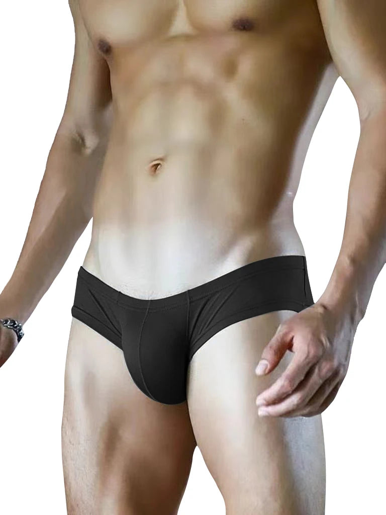 Black minimal stretch thong, front view with slim leg opening