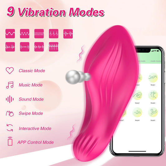 Hot pink wearable butterfly vibrator next to smartphone showing vibration modes and APP control