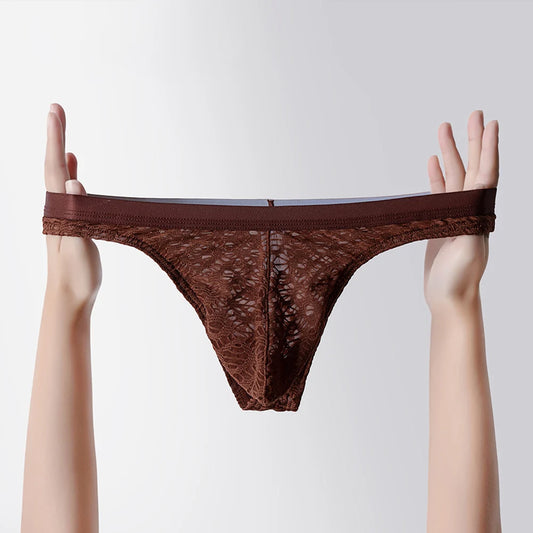Sheer jacquard thong brief in coffee brown, lace waistband and V-front design
