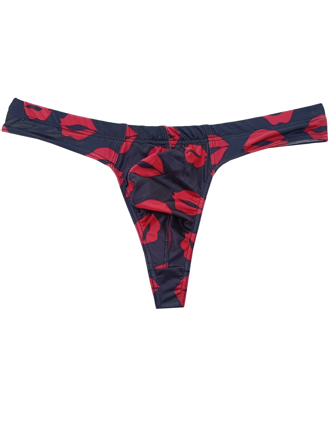 Black low-rise thong with red lips print, narrow coverage