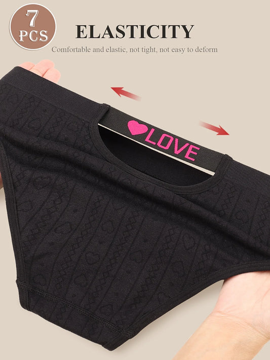 Black seamless brief, pink LOVE heart logo waistband, 7-pack elastic fit