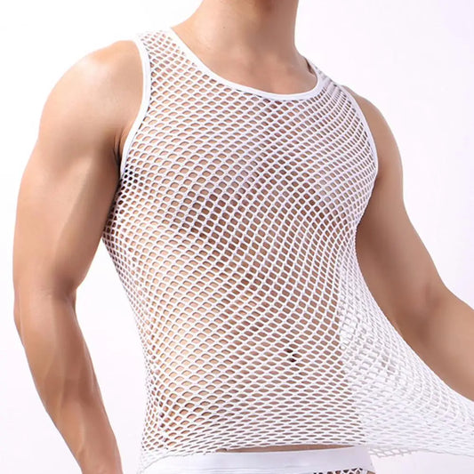 White sheer mesh long sleeve vest with round neckline and open fishnet grid pattern