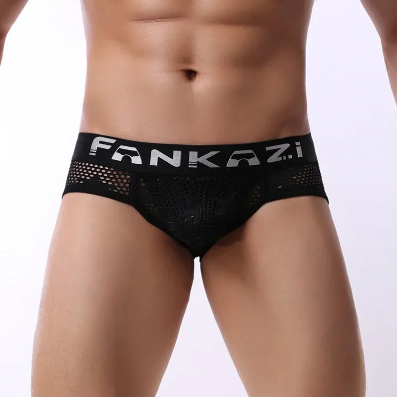 Model wearing breathable brief: black mesh with black FANkGZ.i logo waistband
