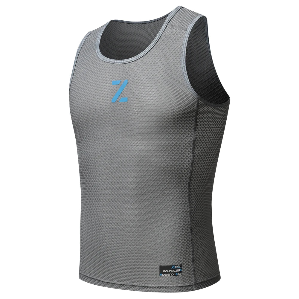 Cycling mesh vest base layer in gray, sleeveless, mesh texture, dark side panels.