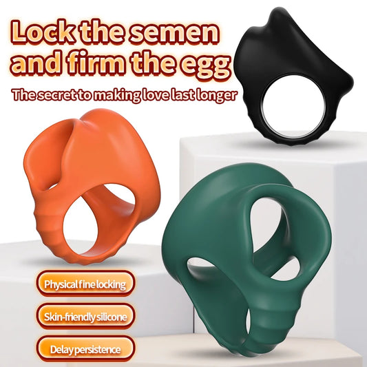 Silicone delay cock ring in black, chunky four-hole shape with central opening