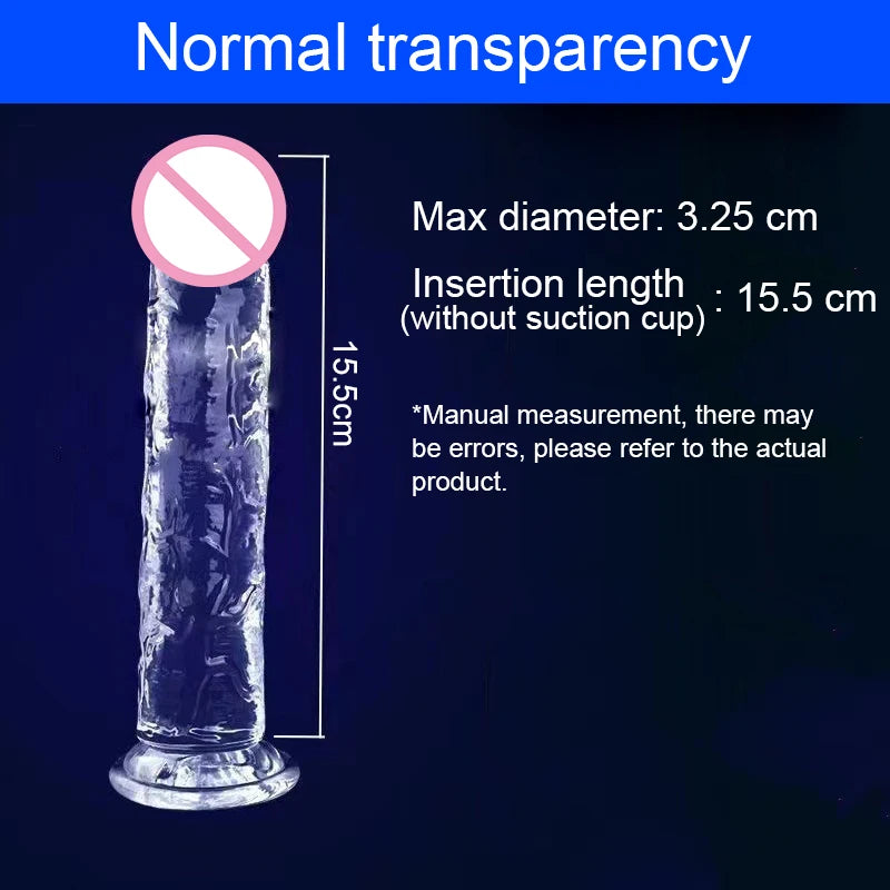 Clear jelly dildo with suction cup; 3.25cm max diameter, 15.5cm insertion length