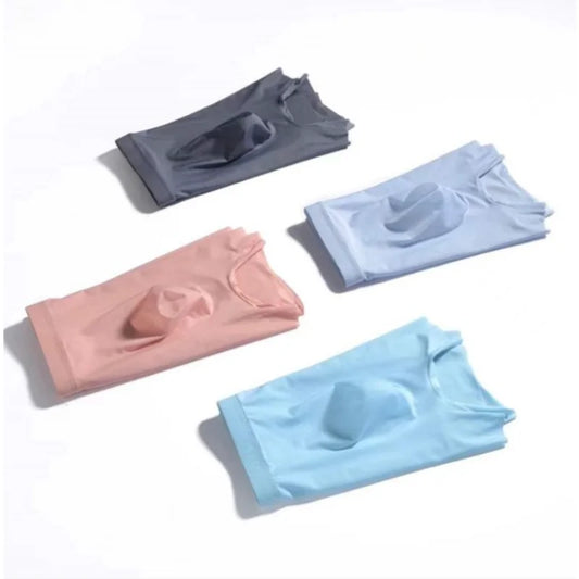 Pack of seamless boxer briefs in black, pink, and light blue tones (folded)