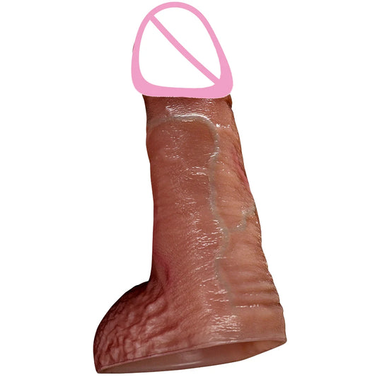 Silicone penis extension sleeve, brown, side view with tapered tip and open end