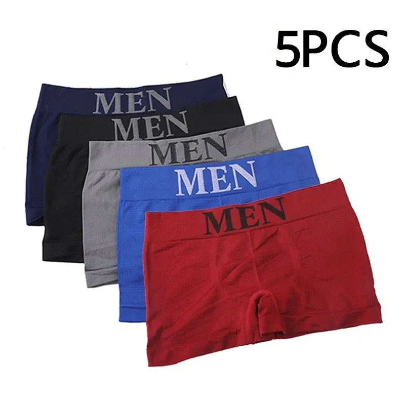 5-pack cotton boxer briefs in red, blue, gray, black, dark navy; “MEN” waistband print