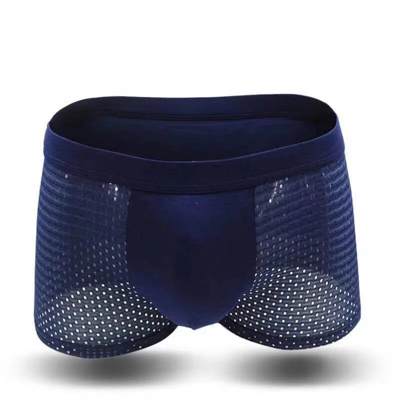 Navy boxer briefs with dotted side panels and wide waistband