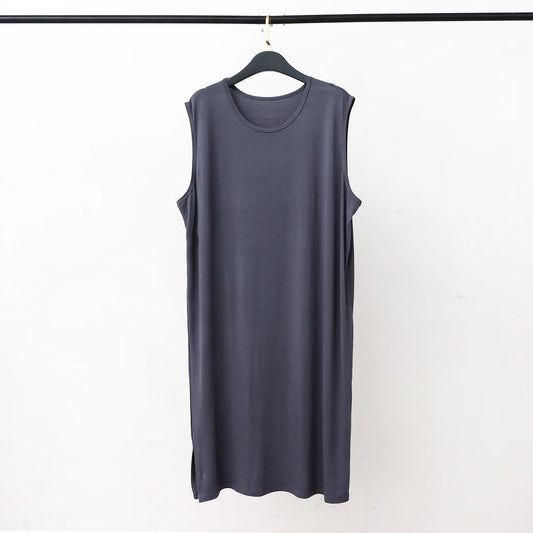 Sleeveless sleepwear vest dress in dark gray on a hanger