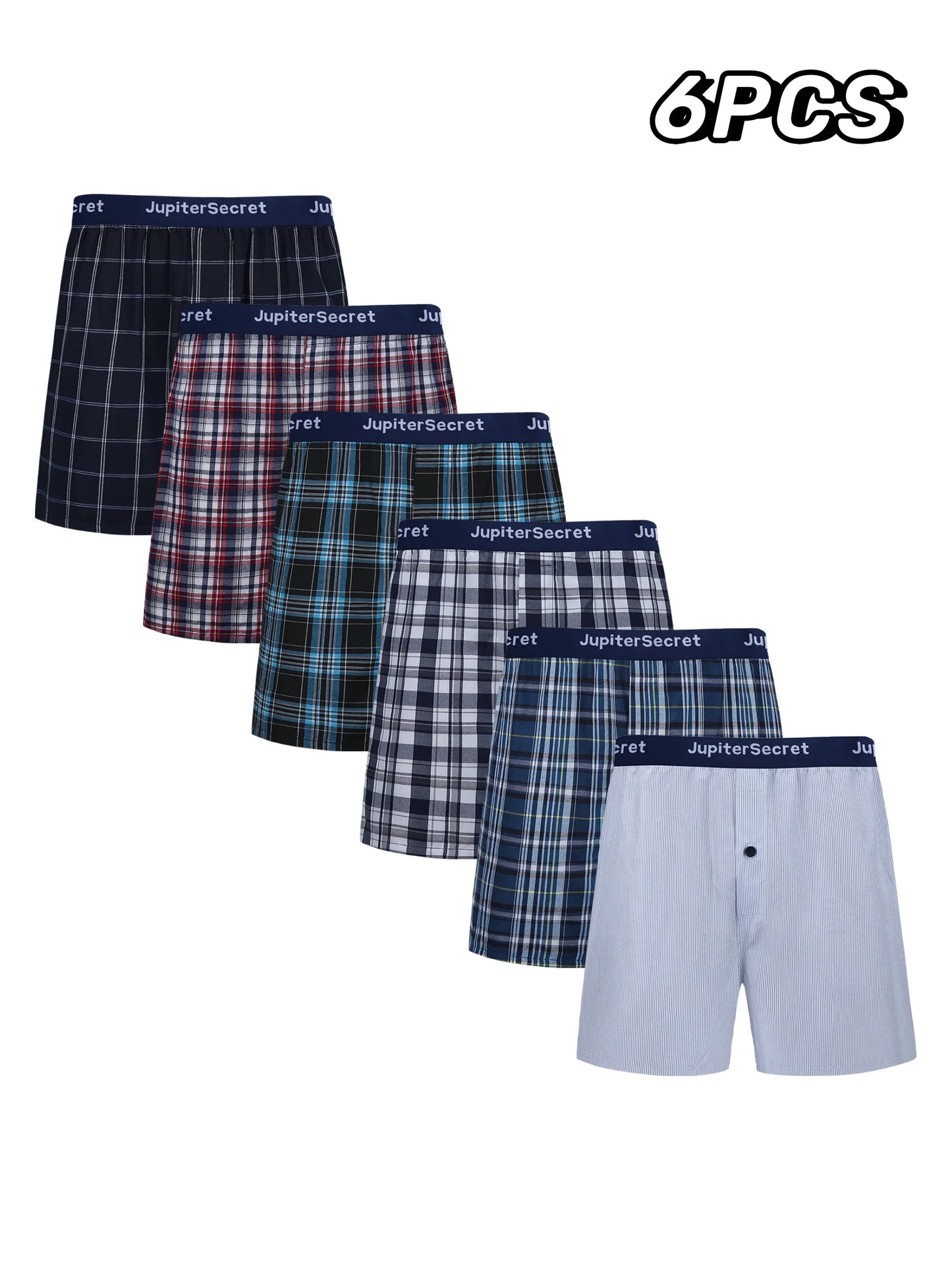 6-pack woven plaid boxer shorts in assorted blue, black, red, and gray tones