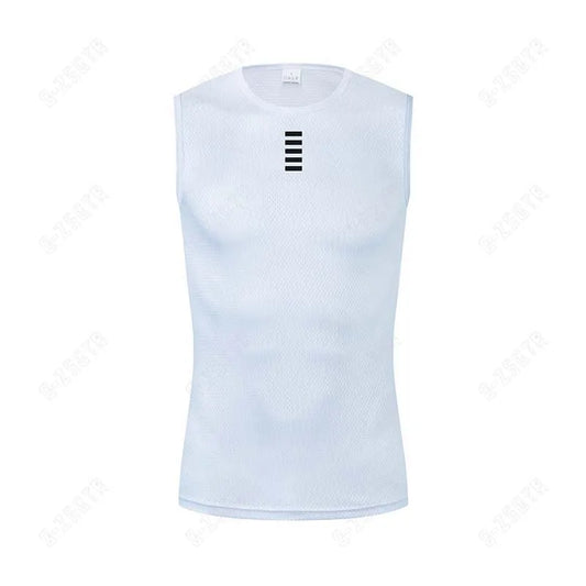 White reflective cycling base layer vest, sleeveless front with vertical stripe graphic