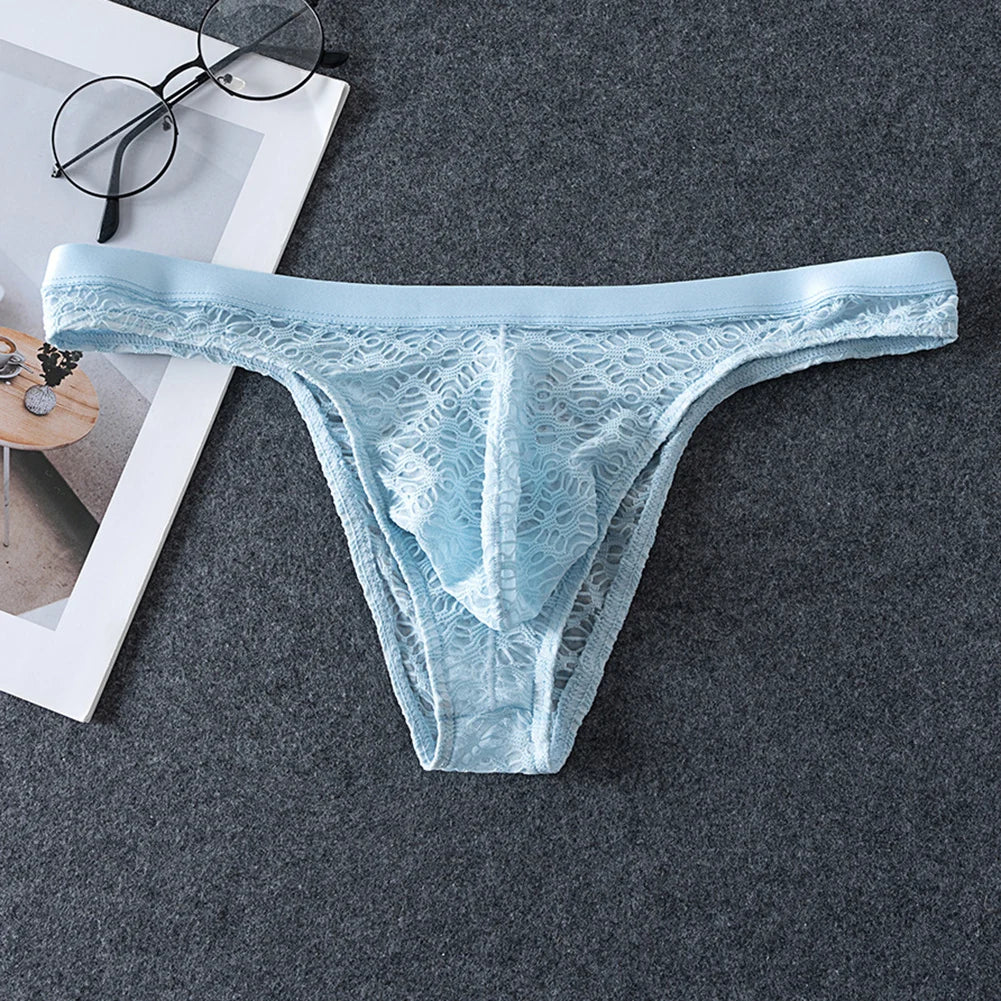 Sheer jacquard thong brief in light blue, lace waistband with scalloped leg trim