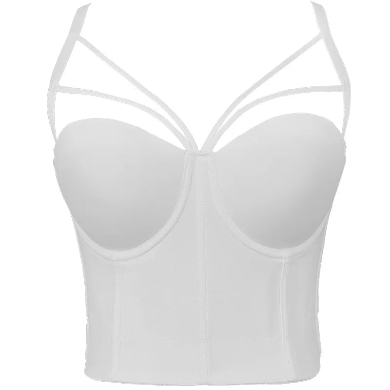 White corset bustier bra with underwire cups and crisscross shoulder straps waist shaper