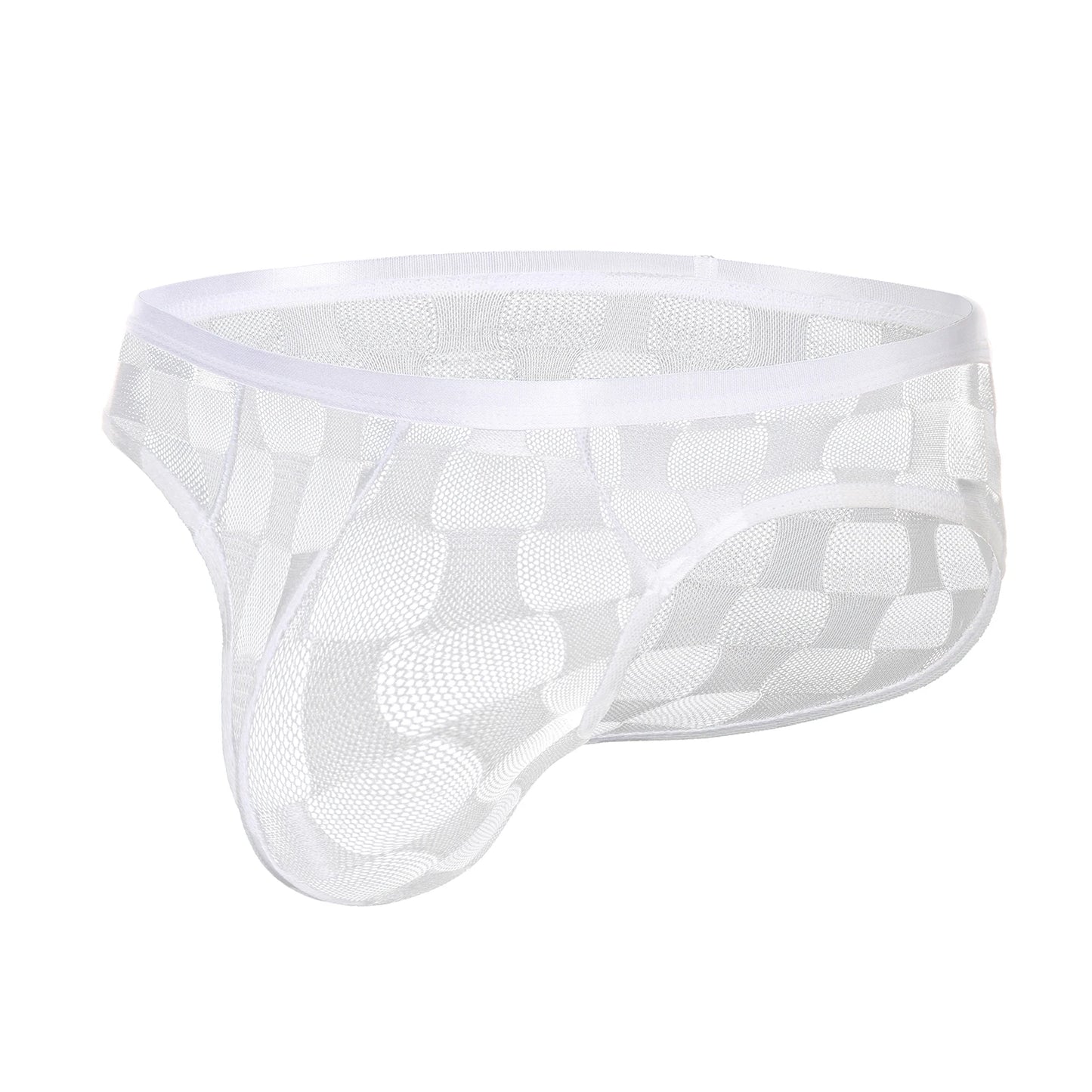 White transparent checkered mesh brief, front view with elastic waistband