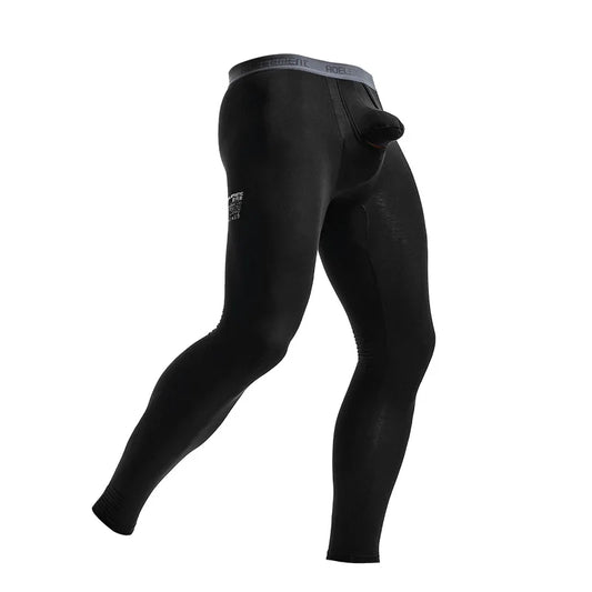 Black thermal base layer pants, fitted long bottoms with elastic leg openings