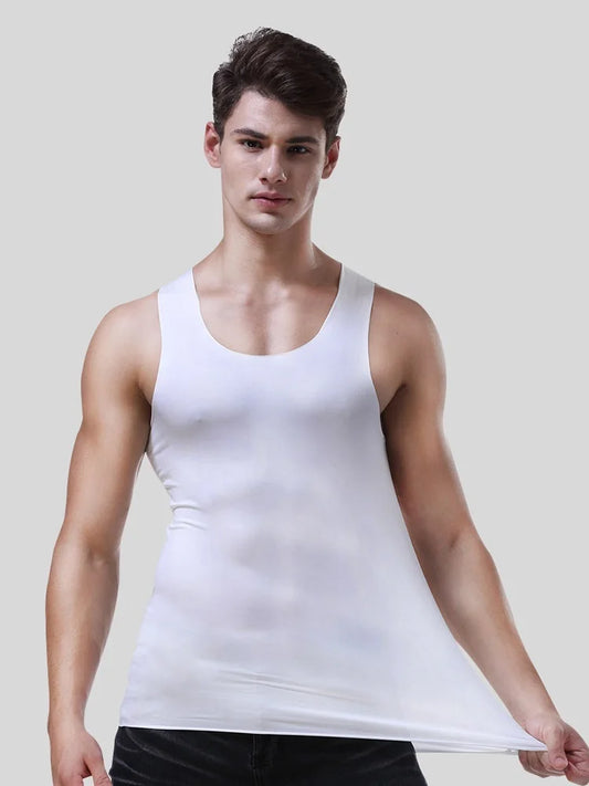 Men's white seamless fitness vest on model, sleeveless crew neck
