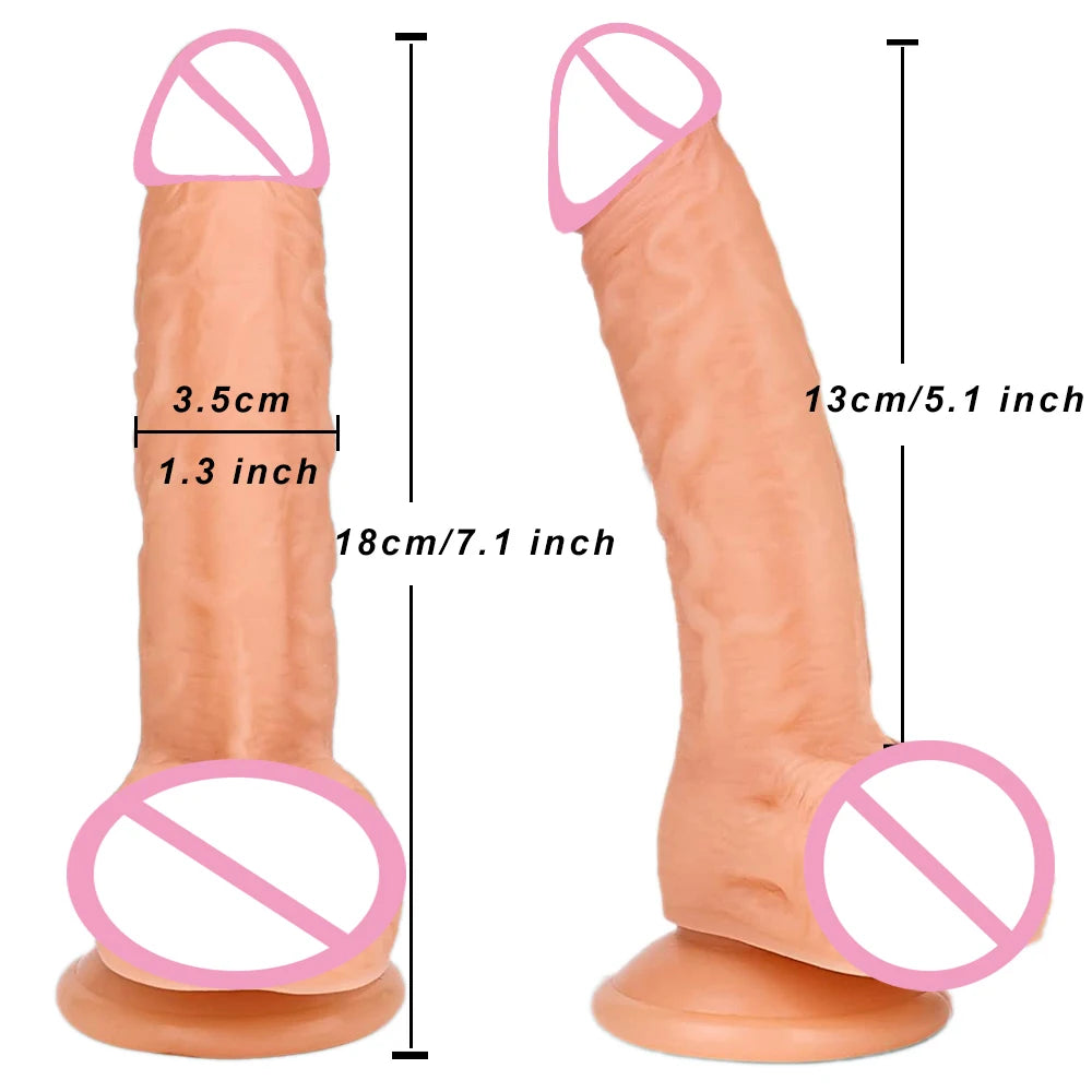 Oversized realistic dildo, flesh-pink tone, 2 views with base, textured surface.