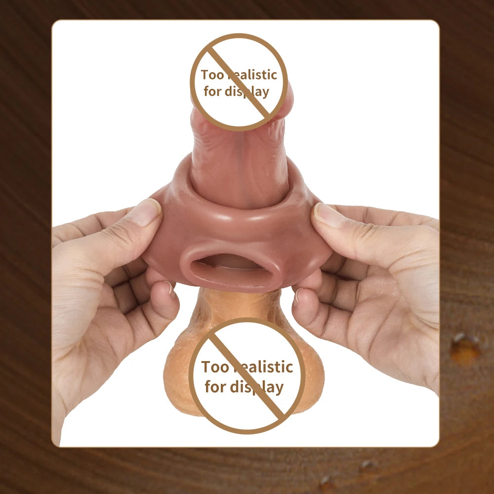 Penis extension sleeve with open ring at one end; hands show inner opening.