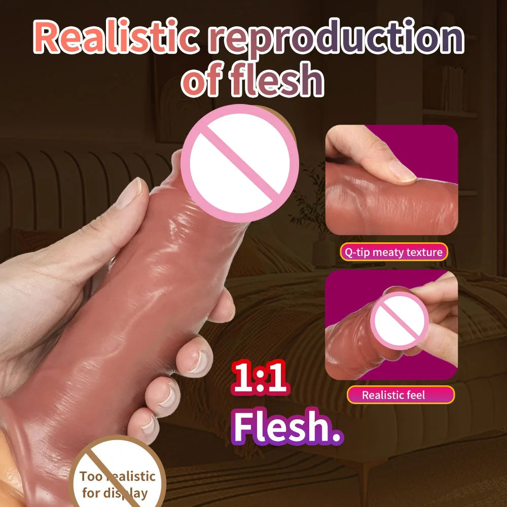 Realistic flesh-toned penis extension sleeve with tapered tip; hand holds sleeve.