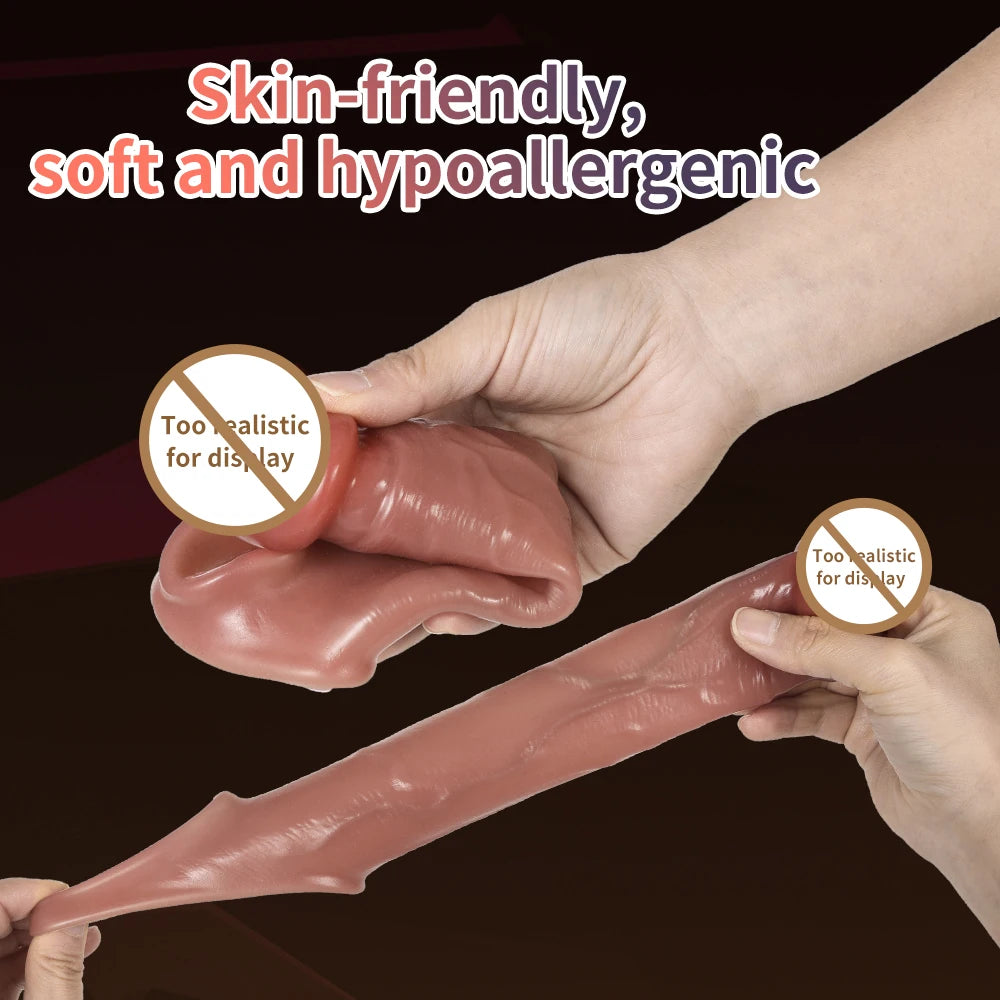Skin-tone penis extension sleeve, soft glossy surface; hands adjusting length.