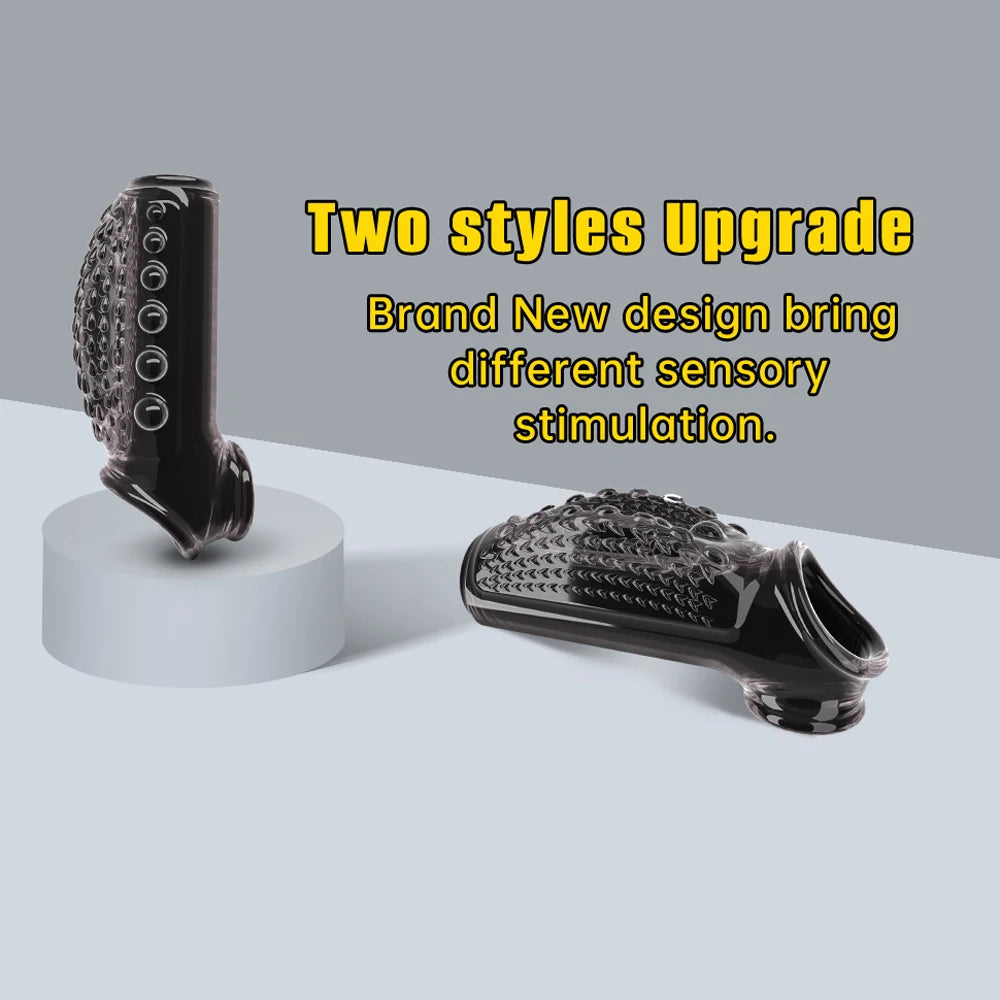 Set of two delay cock rings: black and clear, each with ridged textured bands