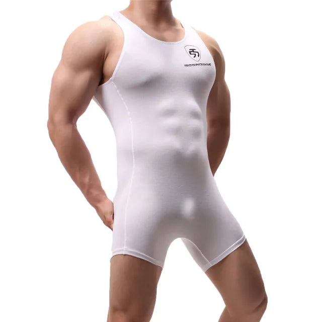 White singlet bodysuit with scoop neck and short legs, sheer mesh look, 1pc
