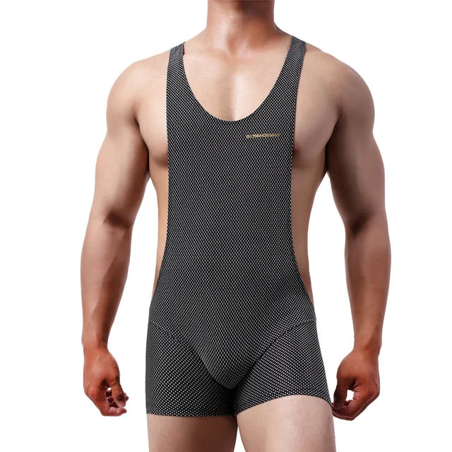 Black sheer mesh singlet bodysuit with thin straps and full-front coverage