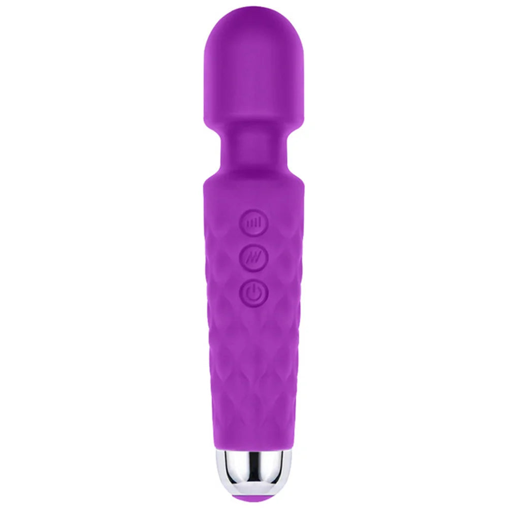 Purple g-spot magic wand vibrator with textured grip and three circular control icons