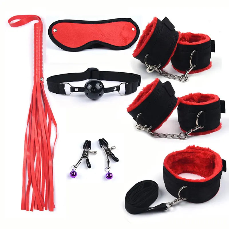 Red and black bondage set with fuzzy trim: blindfold, collar, ankle cuffs, flogger, plug