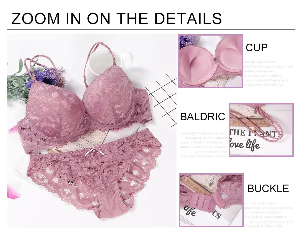 Pink lace underwired push-up bra with matching lace panty set