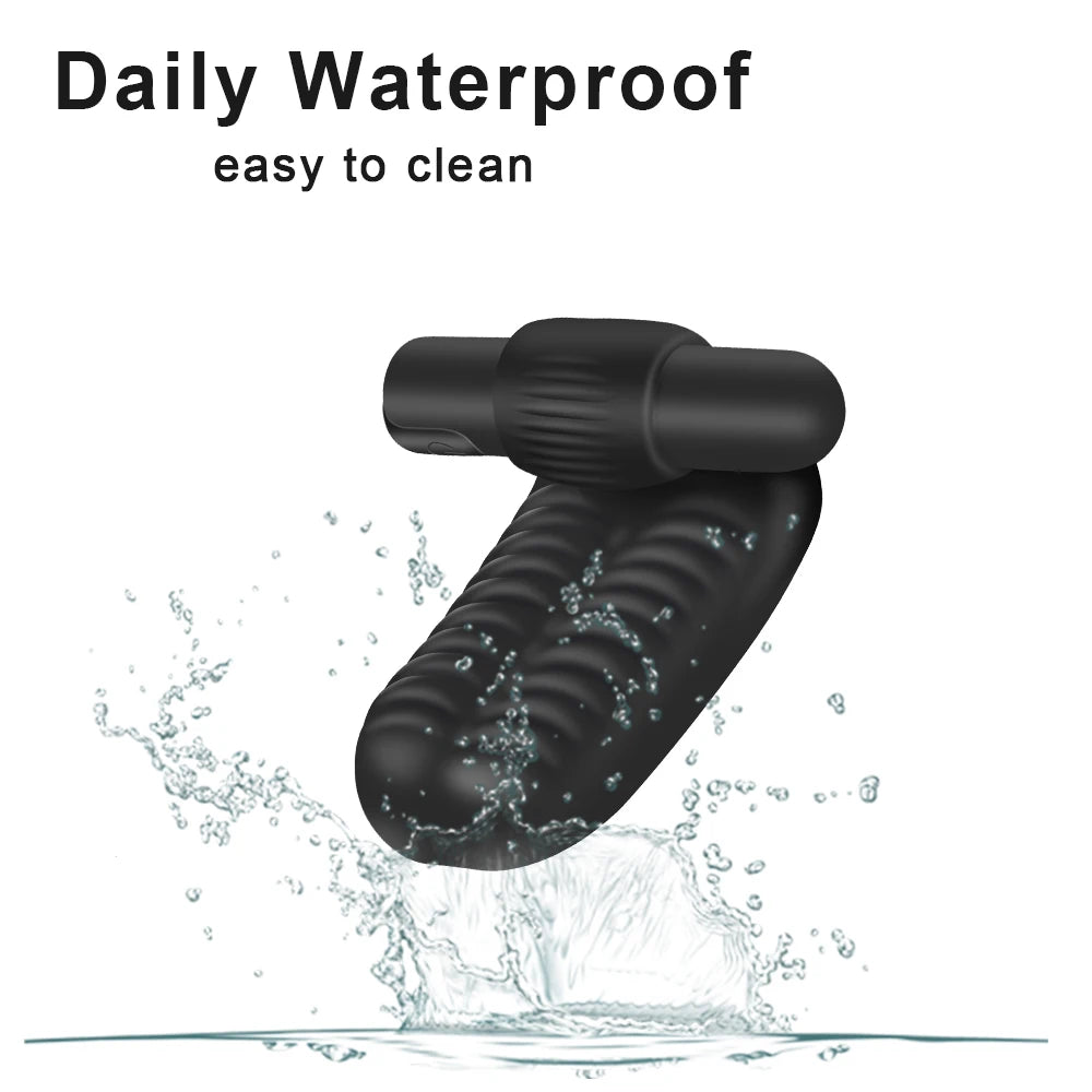 Black waterproof finger sleeve vibrator with textured surface