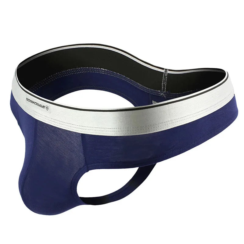 Men's modal bikini thong brief, navy with white waistband and black trim