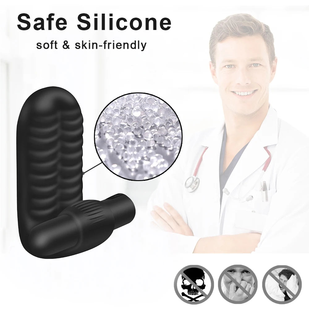 Black finger sleeve G-spot vibrator with textured ridges and curved shape