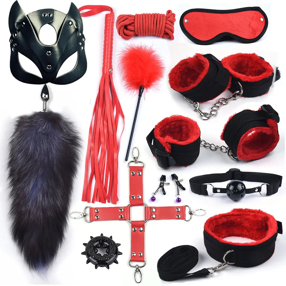 Fox tail bondage set in black and red: mask, cuffs, blindfold, flogger, collar, plug