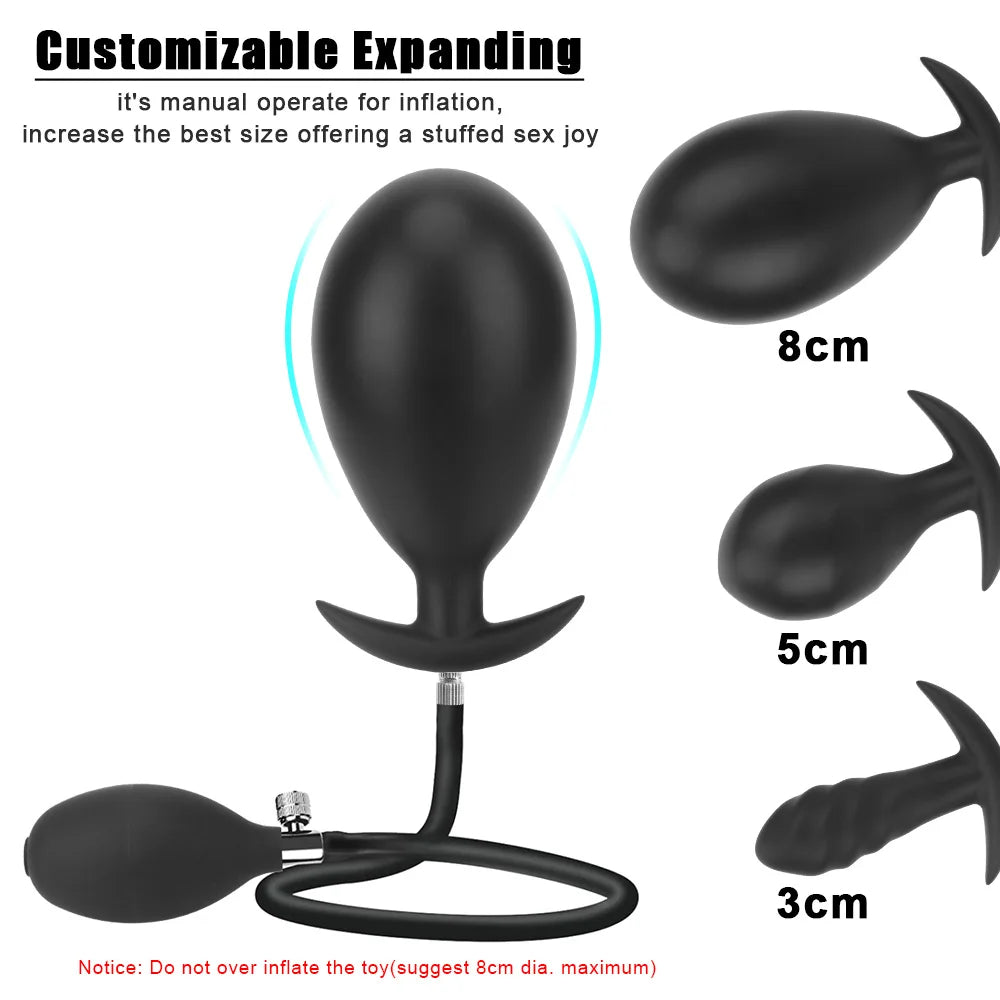 Inflatable anal plug, 8cm length shown, curved body with flared prongs