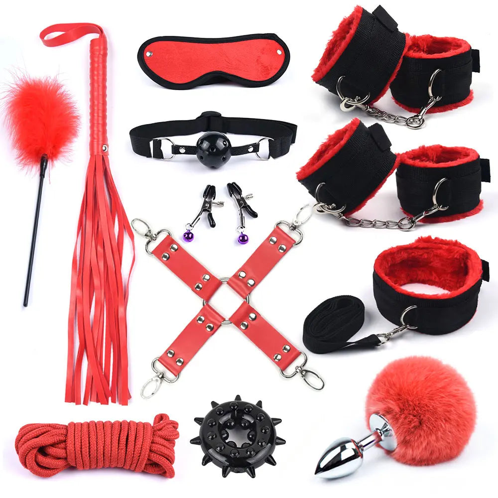 Red and black fox tail bondage kit: mask, blindfold, collar, ankle cuffs, plug, flogger