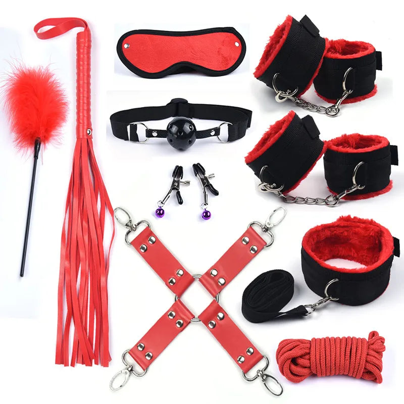 Red-and-black bondage set: fox tail, blindfold, collar, paw cuffs, ankle cuffs, plug