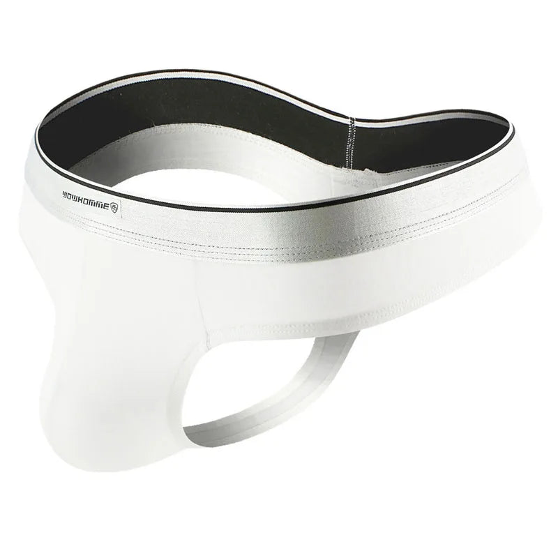 Men's modal bikini thong brief, white with black-lined waistband