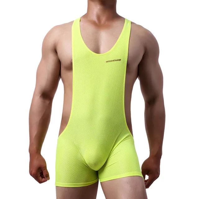 Neon green sheer mesh singlet bodysuit with scoop neck and short legs, 1pc