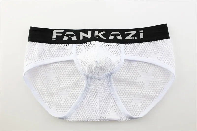 White perforated mesh underwear with black waistband and printed logo
