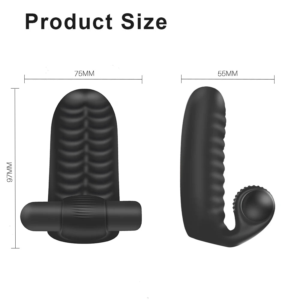 Finger sleeve vibrator size diagram: approx 97 mm height and 75 mm length
