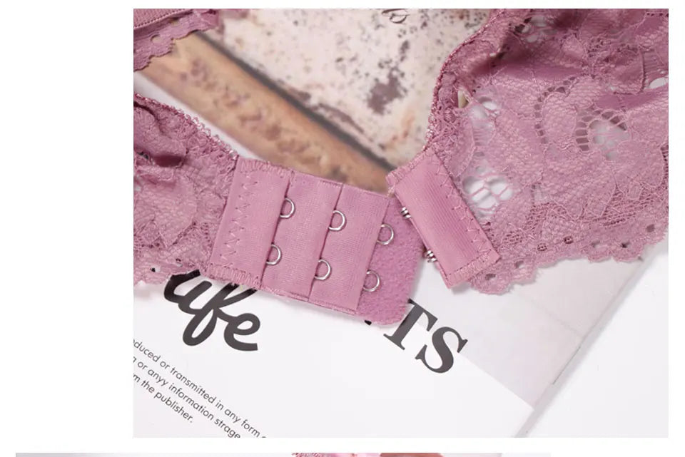 Back view of pink lace bra set with hook-and-eye closure