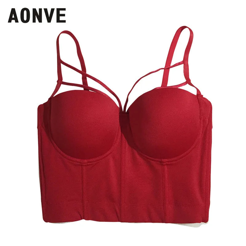 Red corset bustier bra with underwire cups and adjustable spaghetti straps